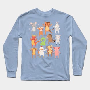 12 Chinese Zodiac Animals Cute Kawaii Colorful Long Sleeve T-Shirt